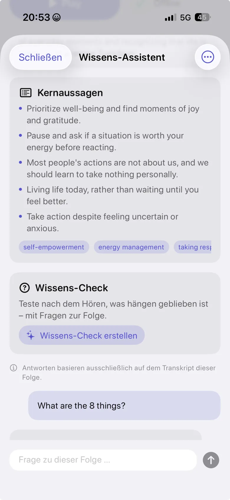 Podknow Wissens-Assistent mit KI-Zusammenfassung einer Podcast-Folge und Sprungmarken ins Audio