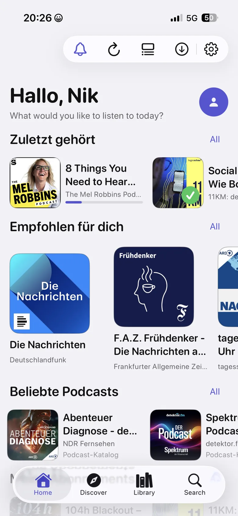 Podknow Startbildschirm mit zuletzt gehörten und empfohlenen Podcasts