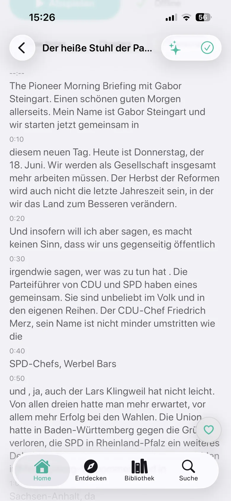 Deutsches Podcast-Transkript in Podknow mit Zeitmarken und lesbarem Folgentext